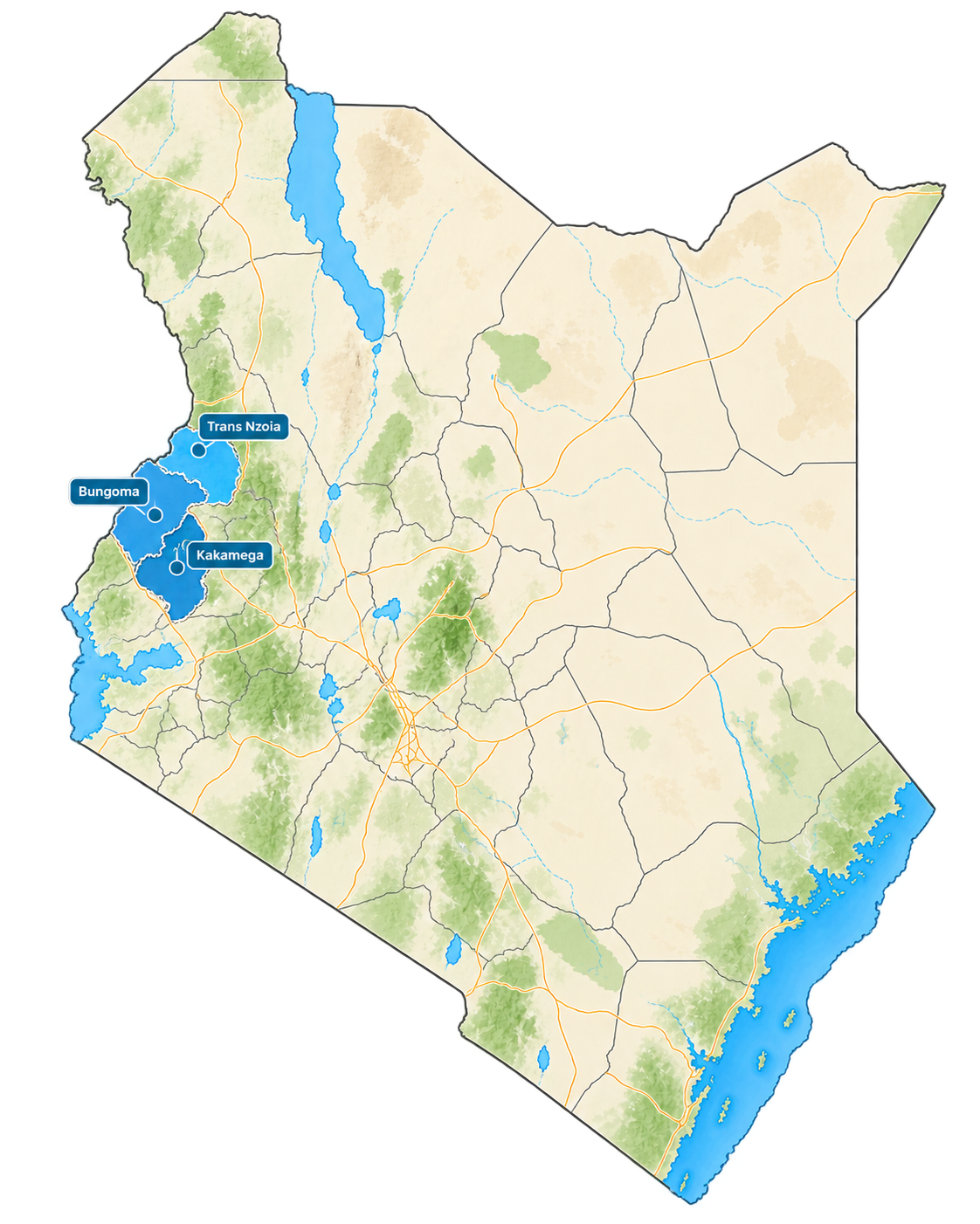 Map of Kenya highlighting Trans Nzoia, Kakamega and Bungoma as proposed Doctor On Wheels pilot counties